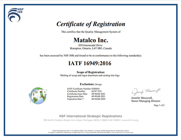 matalco inc iatf certificate
